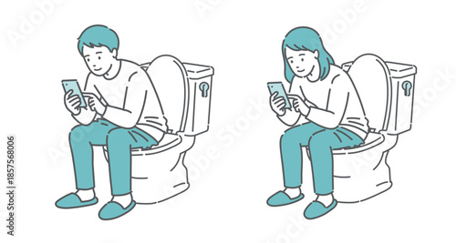 トイレでスマホを操作する男女のイラストセット（長居・ながらスマホ・生活習慣）