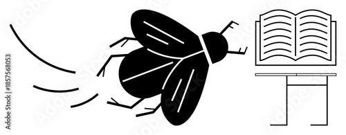 Education, learning, curiosity, nature, study, discovery. A flying insect silhouette near an open book on a desk. Education and learning combined with curiosity and nature concept