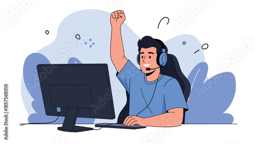 A happy young male gamer with a headset raising his fist in victory while playing a video game on his computer.