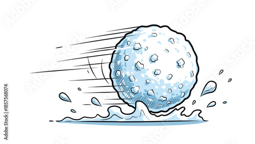 A dynamic cartoon illustration of a large snowball rolling and speeding along the ground with motion lines and splashes.