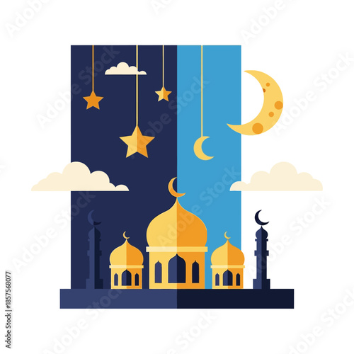 A serene Ramadhan illustration showcasing a beautiful mosque transitioning from a starlit night to a bright crescent moonlit day, symbolizing devotion and spiritual harmony