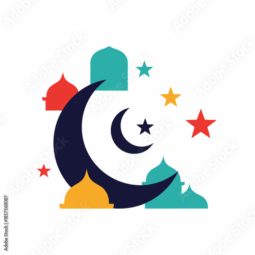 Vibrant Ramadhan celebration design featuring intricate mosque silhouettes, a celestial crescent moon, and twinkling stars, capturing the festive spirit of Islamic holy month with elegant artistry