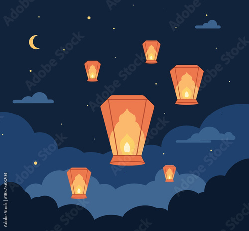 Illuminated lanterns float in the night sky, celebrating the spirit of Ramadhan with cultural festivities and spiritual light