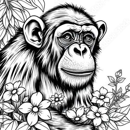 chimpanzee clip art vector, chimpanzee illustration, jungle primate vector, chimpanzee black silhouette vector, chimpanzee outline illustration, chimpanzee line drawing vector, chimpanzee sitting vect