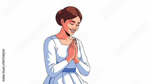 Illustration of a smiling woman with her hands clasped together in prayer, wearing a white dress with blue accents against a plain white background.