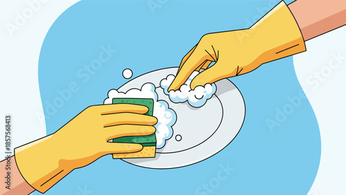 An illustration of two hands in yellow rubber gloves washing a white plate with a sponge, creating lots of soapy bubbles.