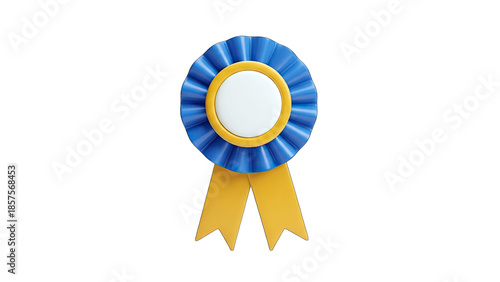 3D Blue and yellow award ribbon with blank center on transparent background