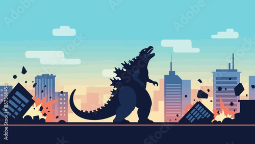 Giant monster destroying city buildings with powerful roar.