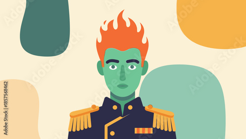 Green-skinned man with fiery red hair in a military uniform.