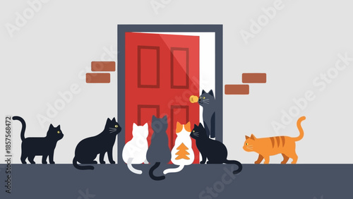 A group of cats waiting at a red door.