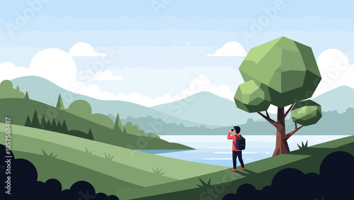 A lone traveler with a backpack stands by a serene lake, observing the vast landscape.