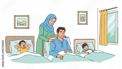 A woman in a hijab tends to a man in bed while two children sleep beside them in a simple bedroom with framed pictures on the wall.