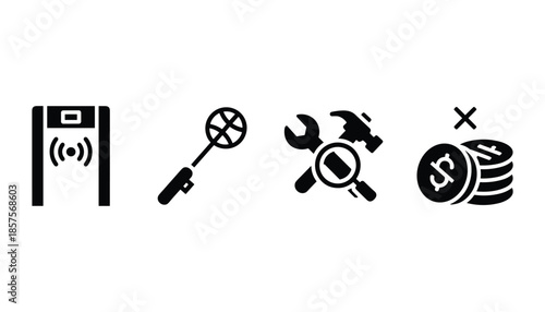 Set of gate detector and coin icon vector sign flat illustration simple design in glyph.