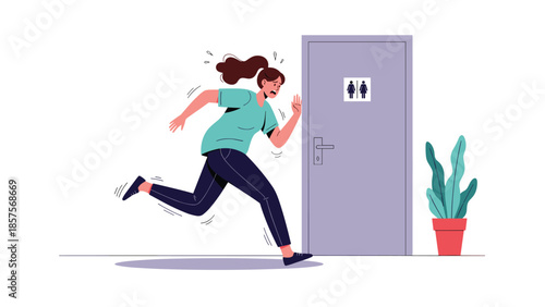 A frantic woman running with an urgent need for the restroom, heading towards a public toilet door in a state of panic.
