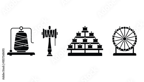 Spool of thread and spinning wheel vector set isolated on transparent background.
