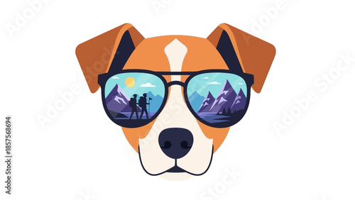 Cool dog wearing sunglasses with mountain reflection.
