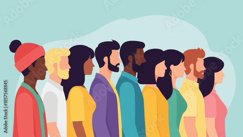 Diverse group of people standing in a line, representing community and unity.