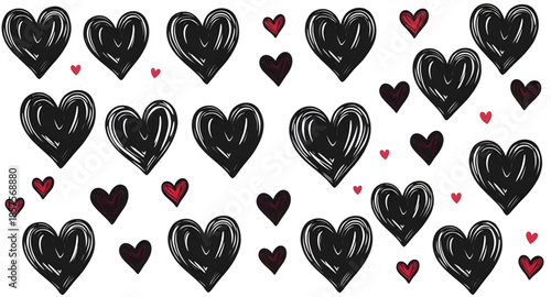 black heart seamless tile, repeating gothic hearts, seamless emotional wallpaper, moody heart textile print, hand drawn heart pattern, doodle black hearts surface, aesthetic black valentine pattern, s