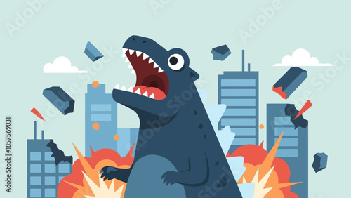 Giant monster attacking city with fire and destruction.