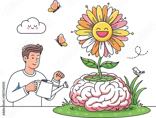 Thoughtful illustration depicting a man watering a brightly colored happy flower growing directly out of a large human brain symbolizing mental growth and nurturing ideas.