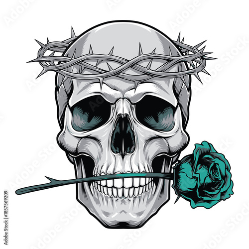 A vector illustration of a skull with a crown of thorns and a teal rose in its mouth. The background is white.