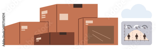 Group of large cardboard boxes with an adjacent graph showing people and analytics. Ideal for shipping, logistics, e-commerce, inventory, data management, market trends, simple flat metaphor
