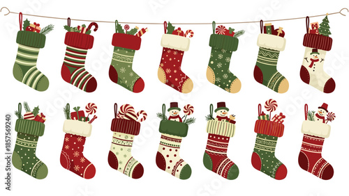 A festive collection of colorful Christmas stockings in red, green, and white, filled with gifts, candy, and decorations.