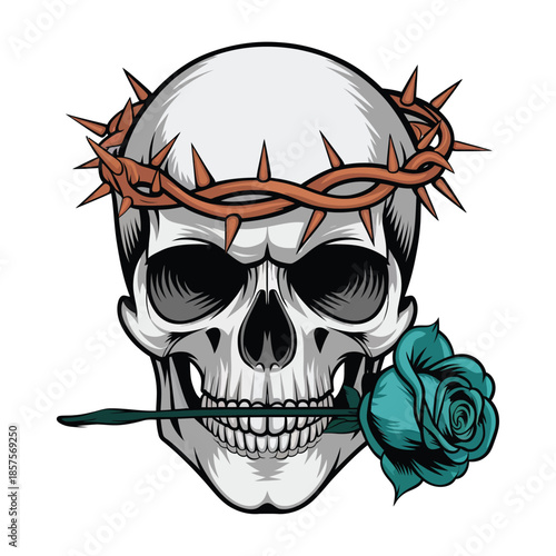 A vector illustration of a skull with a crown of thorns and a teal rose in its mouth. The background is white.
