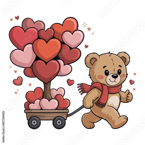 Design a Valentine-themed image. So that a cute cartoon teddy bear walks happily pulling a small wagon overflowing with stacked heart shapes in shades of red and pink, a heart-tree silhouette.