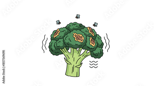 A cartoon illustration of a head of green broccoli that is rotting, with brown spots, mold, and flies buzzing around it.
