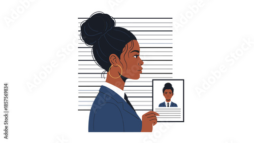 A side profile mugshot of a black woman in a business suit, standing against a height chart for police identification.