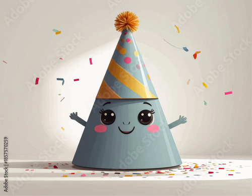 Party Hat: A festive illustration of a playful party hat radiating cheer, surrounded by colorful confetti, creating a whimsical and joyous ambiance.