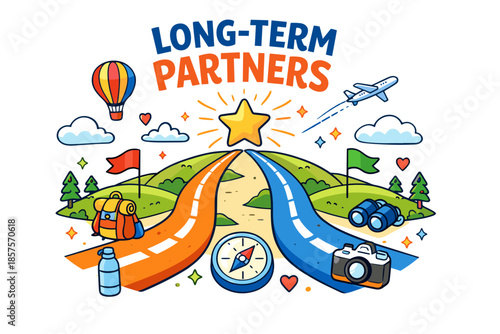 Illustrated pathways with travel symbols and "long-term partners" banner