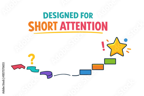 Designed for short attention: colorful steps to a star with question mark and exclamation