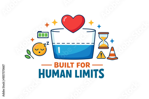 Human limits concept with heart, energy symbols, and caution icons