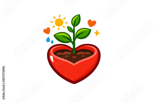 Heart-shaped planter with growing plant and vibrant symbols