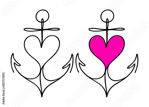 Logo Nautical. Dibujo de línea única de corazón en ancla de barco 