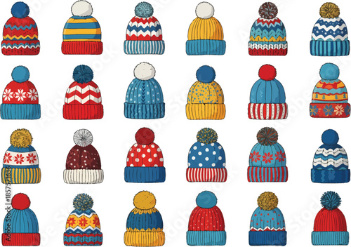Collection of colorful knitted winter hats with pom-poms