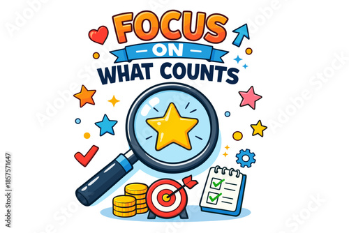 Focus on what counts: magnifying glass, star, and success elements