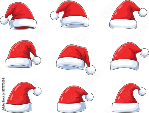 Collection of nine cartoon santa hats on a light blue background