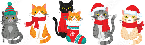 A festive collection of cartoon cats dressed for christmas celebrations
