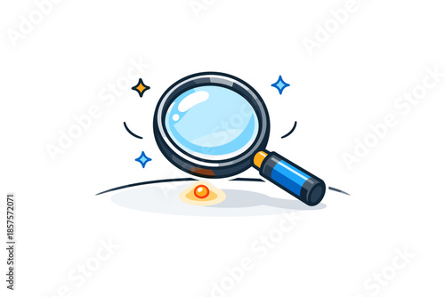 Magnifying glass with blue handle and cartoon stars on white background