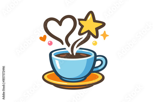 Colorful coffee cup with heart and star steam