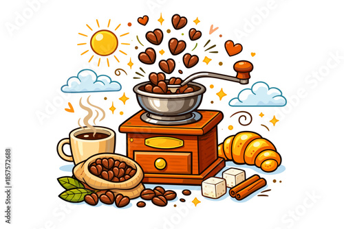 Vintage coffee grinder with beans and bright sun theme