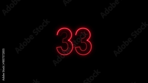 Red neon number 33 glowing on a black background, digital countdown timer element, vibrant futuristic typography