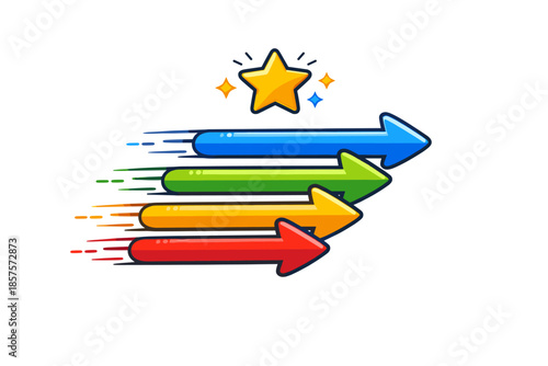 Colorful arrows racing towards shining gold star with speed and energy