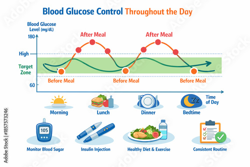 Daily blood glucose control chart and management tips illustrated