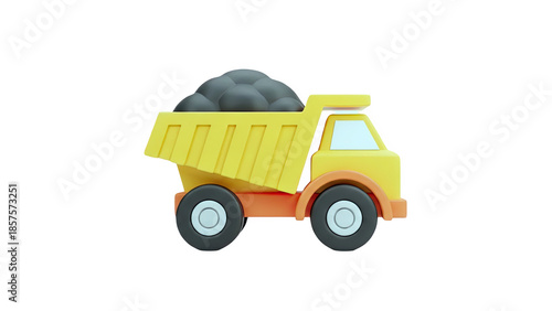 3D Yellow toy dump truck filled with dark rocks on transparent background