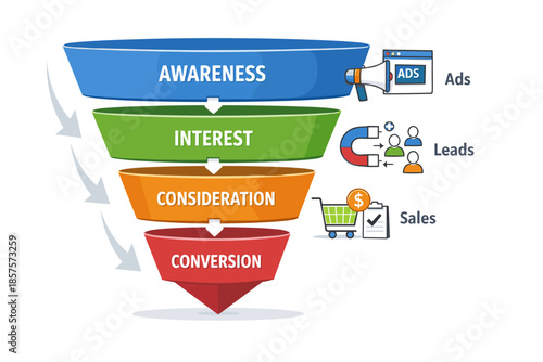 Marketing funnel stages: awareness to conversion with visual illustrations