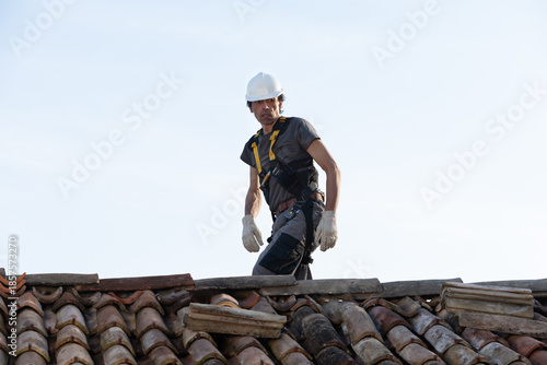 Wallpaper Mural Professional Roofer Working on Residential Clay Tile Roof with Safety Harness Torontodigital.ca